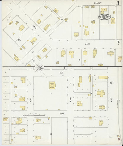 Sanborn Fire Insurance Map from Prescott, Nevada County, Arkansas (1896), Sheet #0003 - Complete Map Set gallery image, historic Sanborn map, vintage wall art, Prescott Nevada