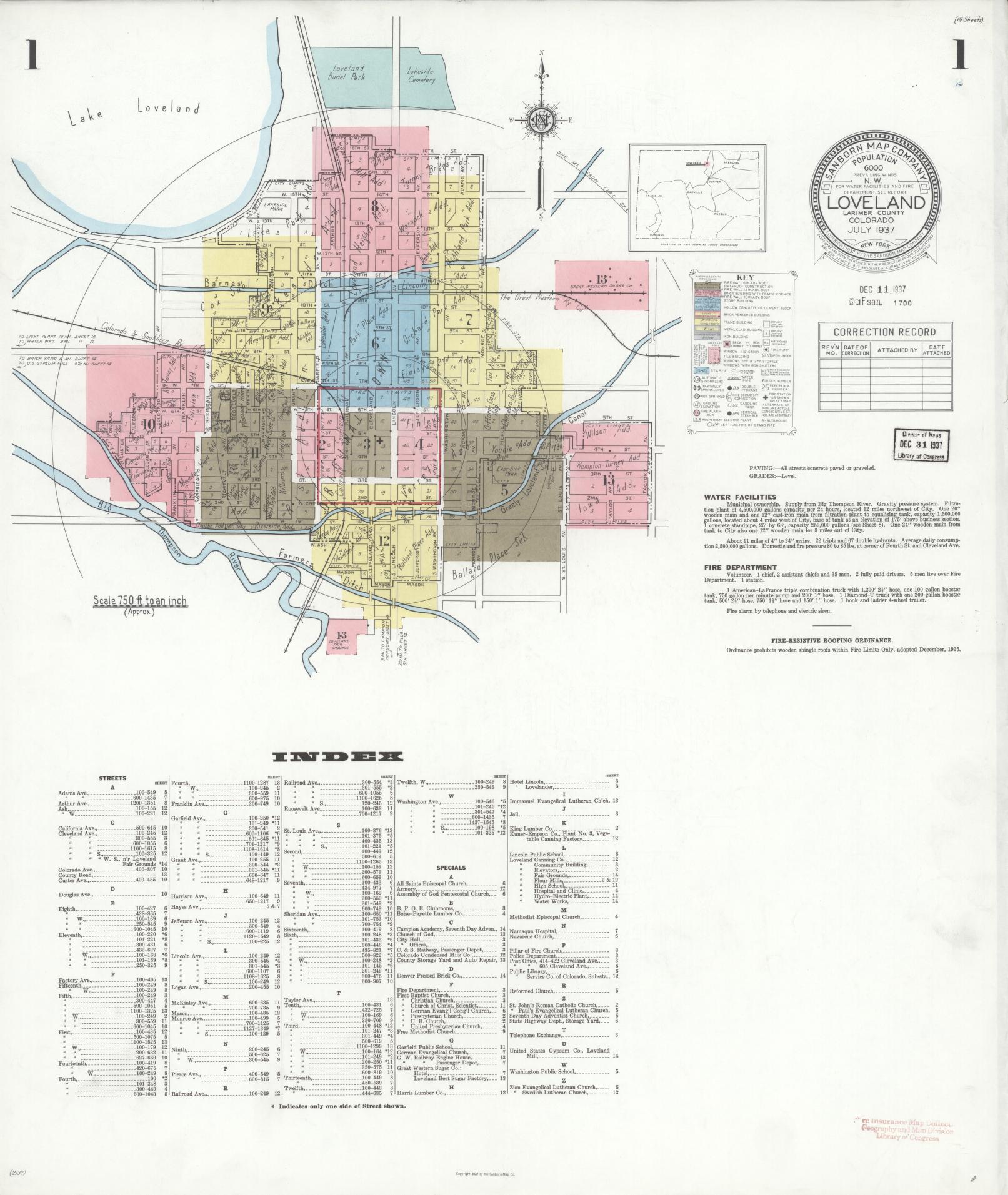 Sanborn Fire Insurance Map from Loveland, Larimer County, Colorado (1937), Sheet #0001 - Historic Sanborn Fire Insurance Map Print, vintage old map wall art, antique decor, genealogy gift, Colorado Colorado map