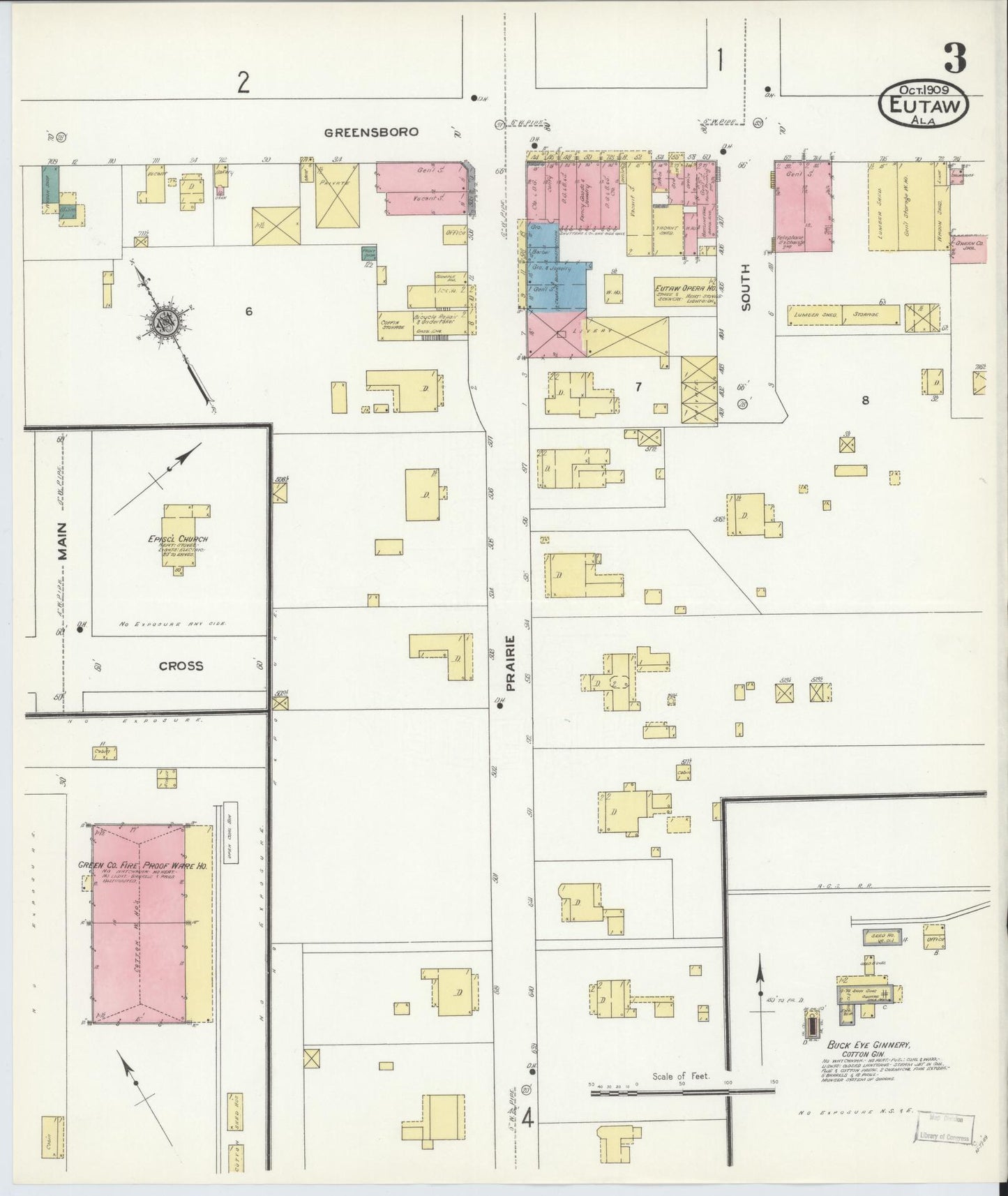 Sanborn Fire Insurance Map from Eutaw, Greene County, Alabama (1909), Sheet #0003 - Historic Sanborn Fire Insurance Map Print, vintage old map wall art, antique decor, genealogy gift, Alabama Alabama map
