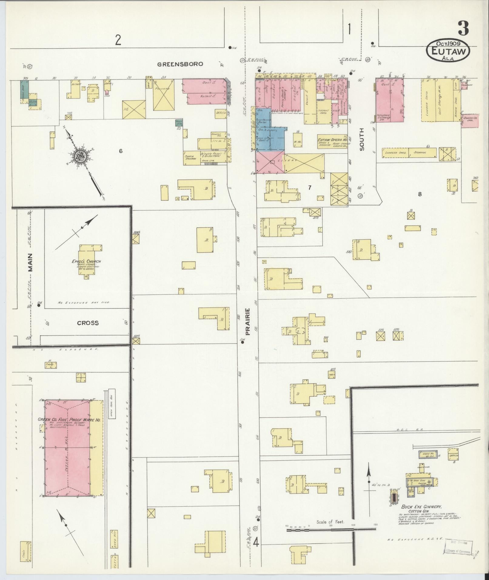 Sanborn Fire Insurance Map from Eutaw, Greene County, Alabama (1909), Sheet #0003 - Historic Sanborn Fire Insurance Map Print, vintage old map wall art, antique decor, genealogy gift, Alabama Alabama map