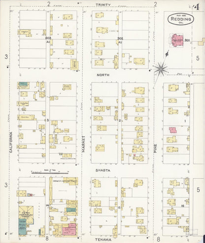 Sanborn Fire Insurance Map from Redding, Shasta County, California (1896), Sheet #0004 - Complete Map Set gallery image, historic Sanborn map, vintage wall art, California California