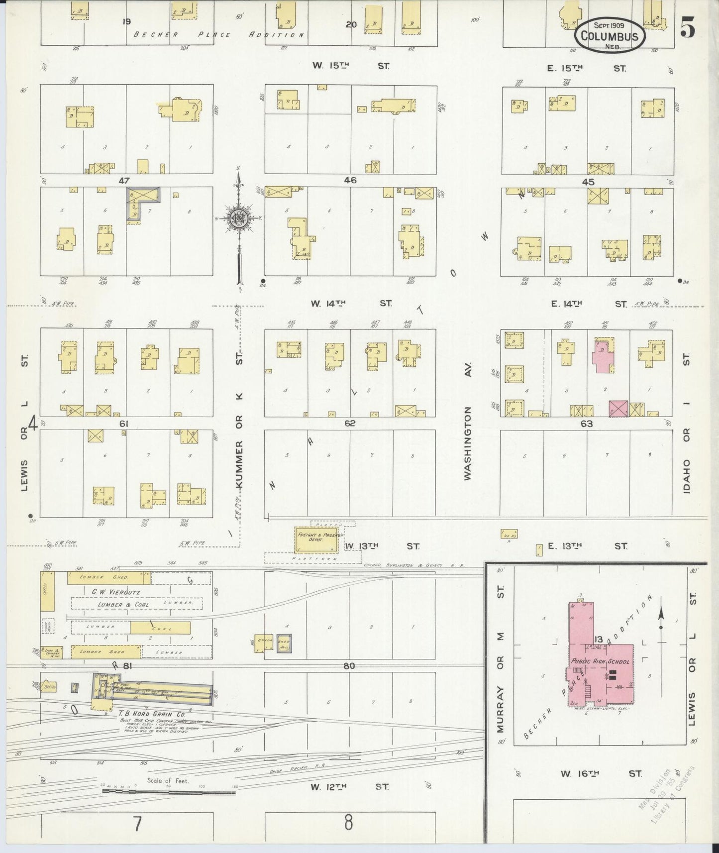 Sanborn Fire Insurance Map from Columbus, Platte County, Nebraska (1909), Sheet #0005 - Historic Sanborn Fire Insurance Map Print, vintage old map wall art, antique decor, genealogy gift, Nebraska Nebraska map