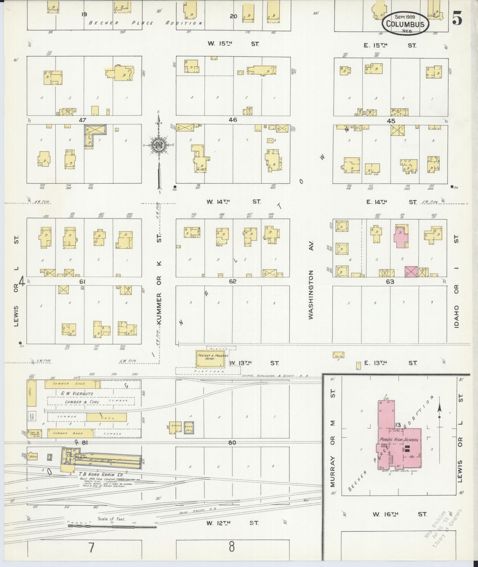Sanborn Fire Insurance Map from Columbus, Platte County, Nebraska (1909), Sheet #0005 - Historic Sanborn Fire Insurance Map Print, vintage old map wall art, antique decor, genealogy gift, Nebraska Nebraska map