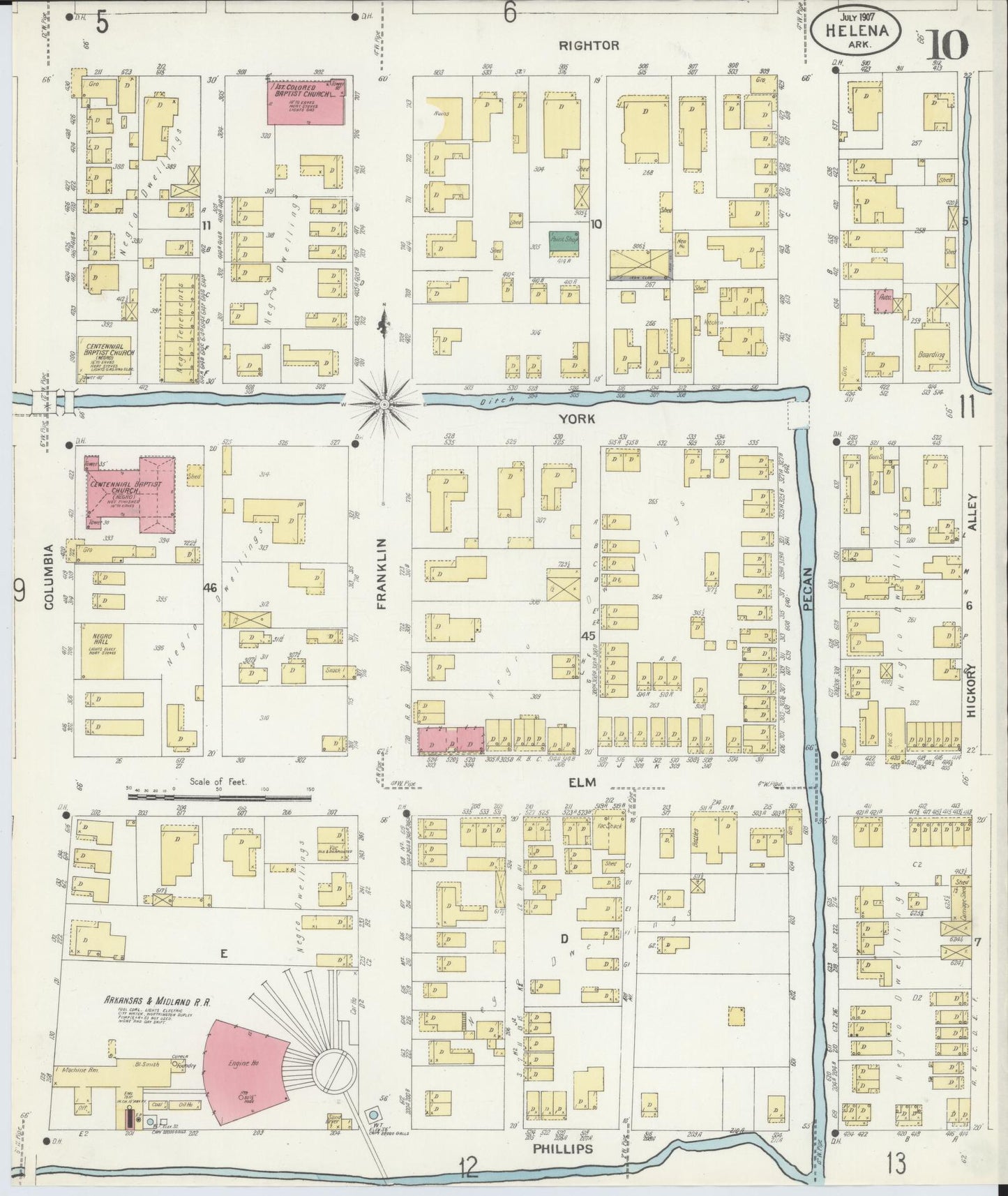 Sanborn Fire Insurance Map from Helena, Phillips County, Arkansas (1907), Sheet #0010 - Complete Map Set gallery image, historic Sanborn map, vintage wall art, Arkansas Arkansas