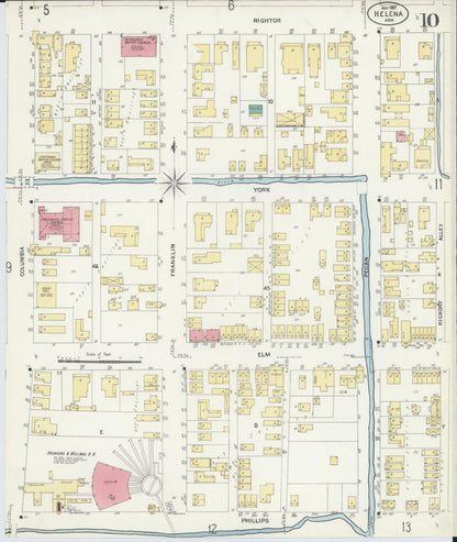 Sanborn Fire Insurance Map from Helena, Phillips County, Arkansas (1907), Sheet #0010 - Complete Map Set gallery image, historic Sanborn map, vintage wall art, Arkansas Arkansas