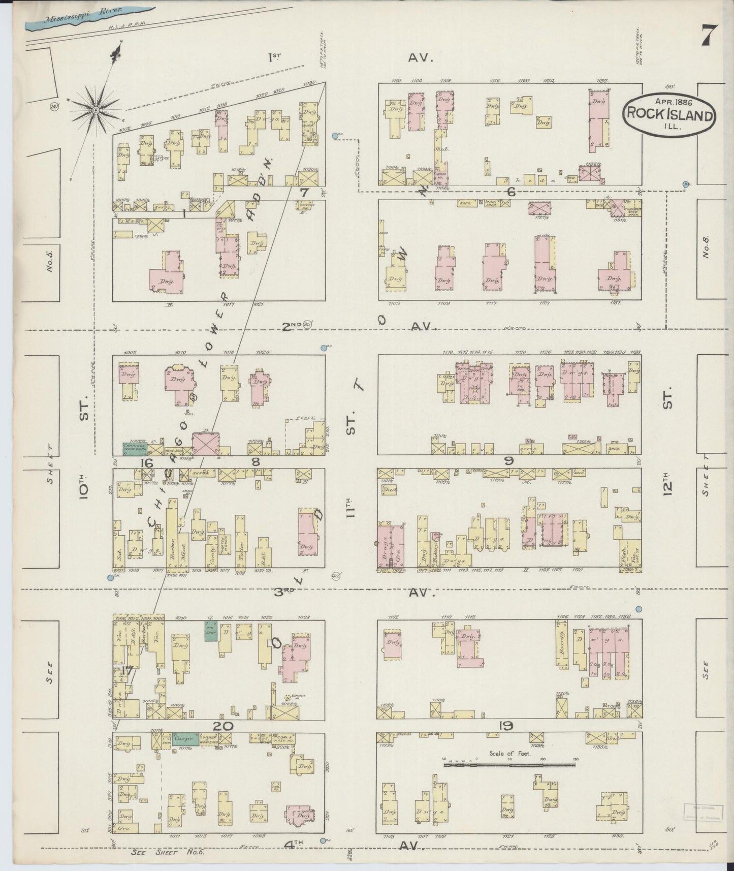 Sanborn Fire Insurance Map from Rock Island, Rock Island County, Illinois (1886), Sheet #0007 - Complete Map Set gallery image, historic Sanborn map, vintage wall art, Illinois Illinois