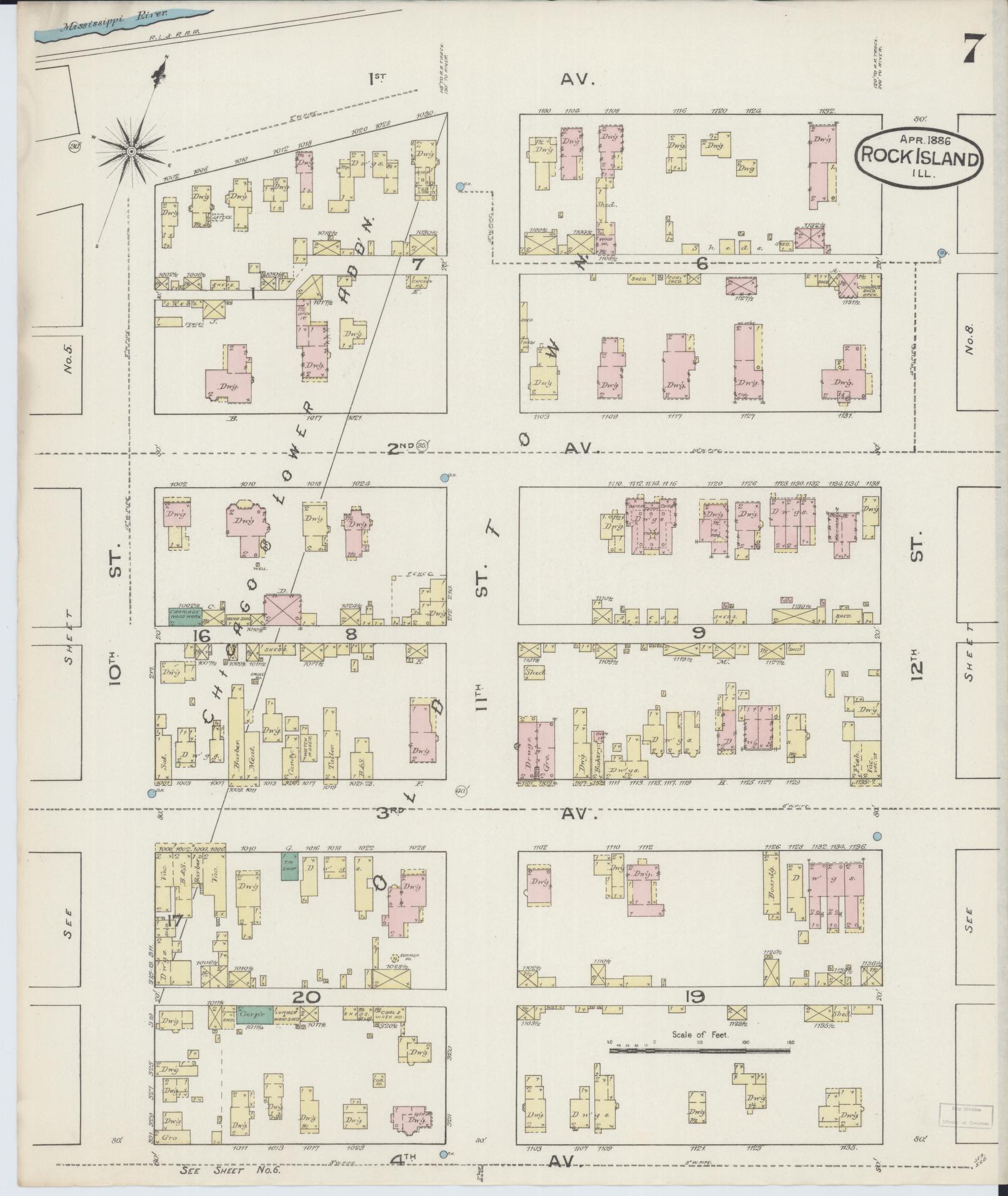Sanborn Fire Insurance Map from Rock Island, Rock Island County, Illinois (1886), Sheet #0007 - Complete Map Set gallery image, historic Sanborn map, vintage wall art, Illinois Illinois