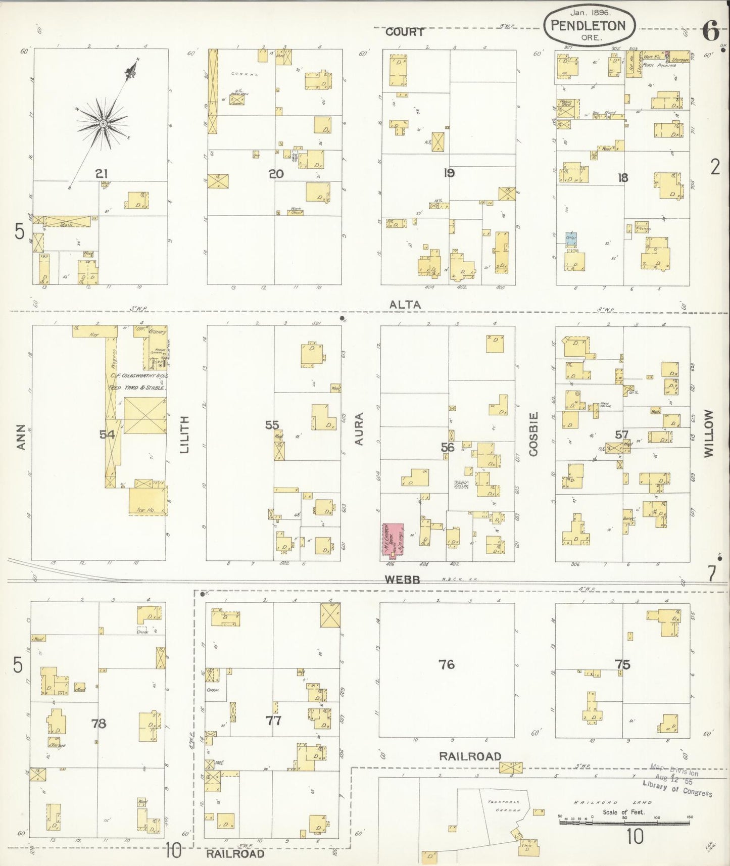 Sanborn Fire Insurance Map from Pendleton, Umatilla County, Oregon (1896), Sheet #0006 - Historic Sanborn Fire Insurance Map Print, vintage old map wall art, antique decor, genealogy gift, Oregon Oregon map