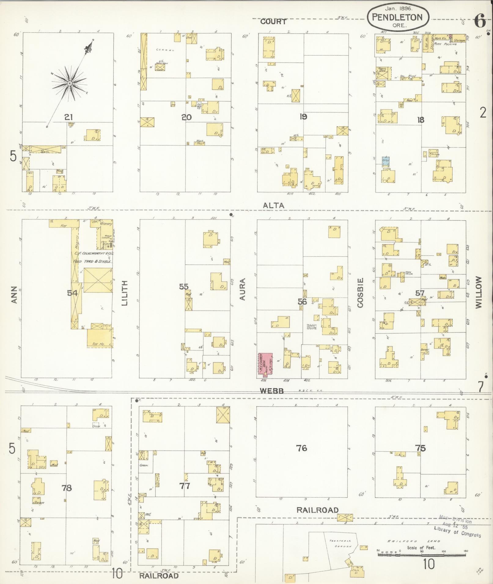 Sanborn Fire Insurance Map from Pendleton, Umatilla County, Oregon (1896), Sheet #0006 - Historic Sanborn Fire Insurance Map Print, vintage old map wall art, antique decor, genealogy gift, Oregon Oregon map