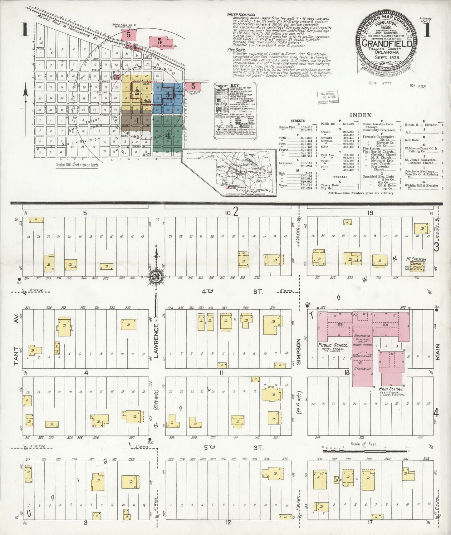 Sanborn Fire Insurance Map from Grandfield, Tillman County, Oklahoma (1923), Sheet #0001 - Historic Sanborn Fire Insurance Map Print, vintage old map wall art, antique decor, genealogy gift, Oklahoma Oklahoma map