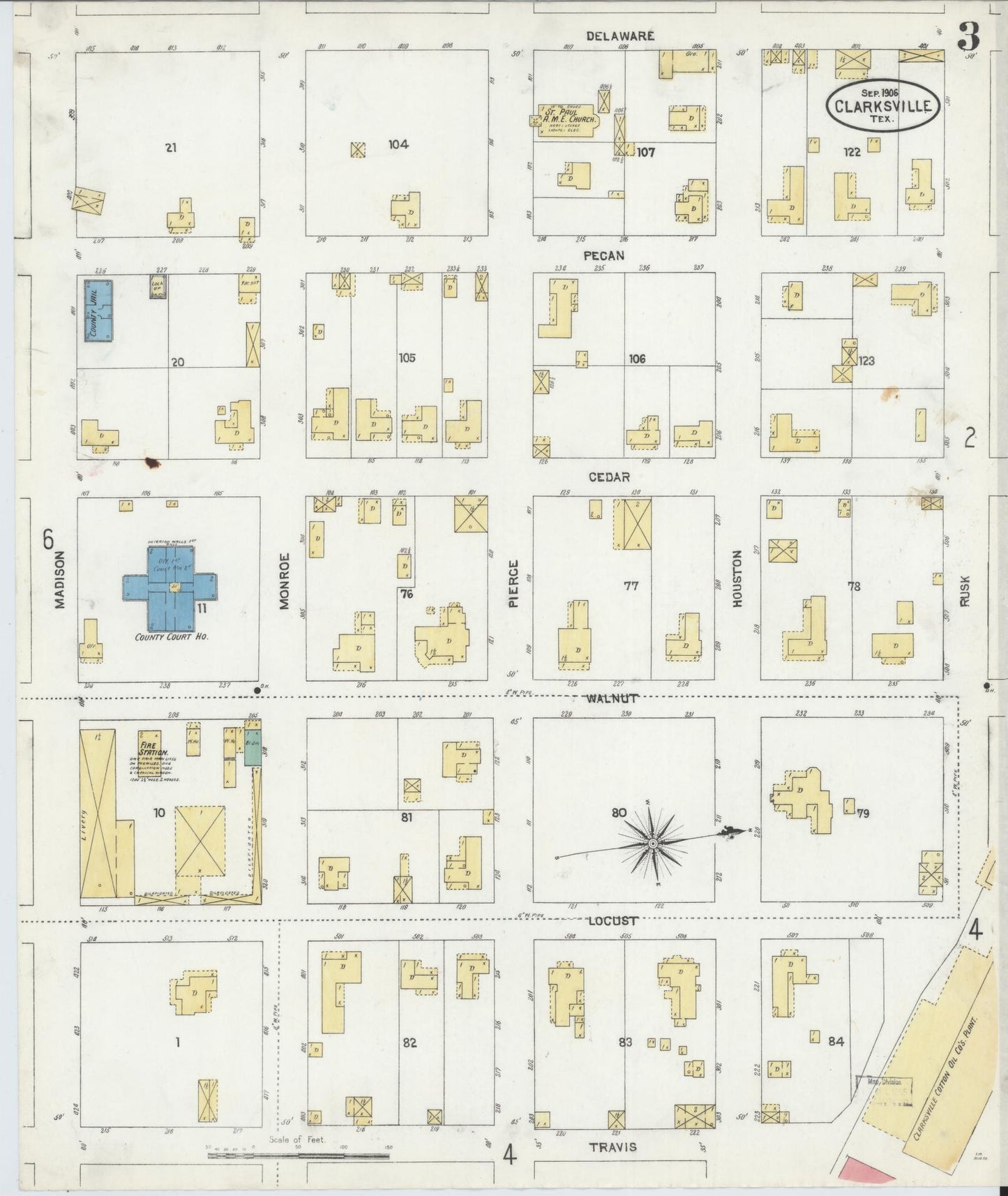 Sanborn Fire Insurance Map from Clarksville, Red River County, Texas (1906), Sheet #0003 - Complete Map Set gallery image, historic Sanborn map, vintage wall art, Texas Texas