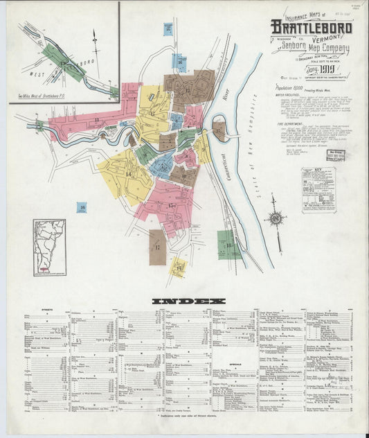 Sanborn Fire Insurance Map from Brattleboro, Windham County, Vermont (1919), Sheet #0001 - Complete Map Set gallery image, historic Sanborn map, vintage wall art, Vermont Vermont