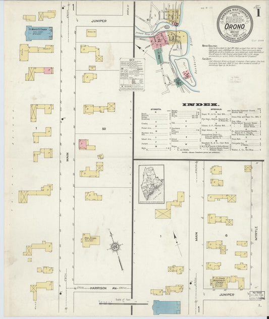 Sanborn Fire Insurance Map from Orono, Penobscot County, Maine (1912), Sheet #0001 - Historic Sanborn Fire Insurance Map Print, vintage old map wall art, antique decor, genealogy gift, Maine Maine map