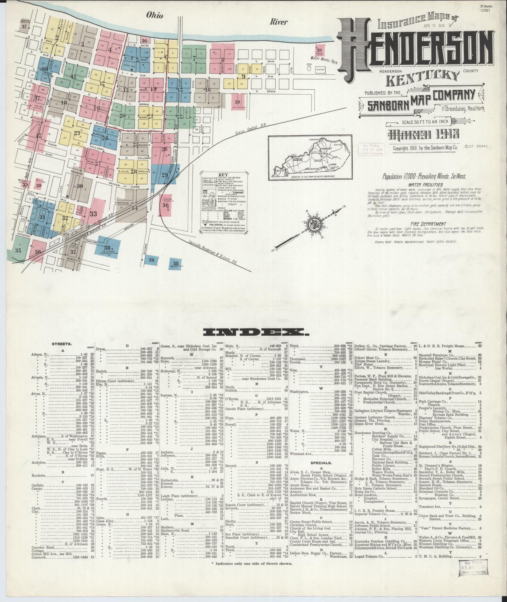 Sanborn Fire Insurance Map from Henderson, Henderson County, Kentucky (1913), Sheet #0001 - Complete Map Set gallery image, historic Sanborn map, vintage wall art, Kentucky Kentucky