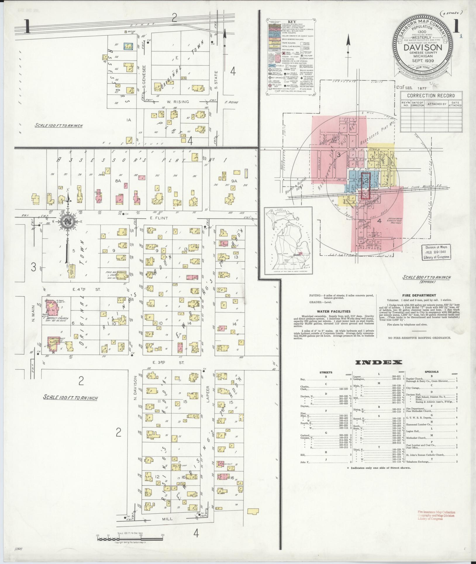 Sanborn Fire Insurance Map from Davison, Genesee County, Michigan (1939), Sheet #0001 - Historic Sanborn Fire Insurance Map Print, vintage old map wall art, antique decor, genealogy gift, Michigan Michigan map