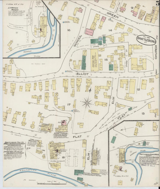 Sanborn Fire Insurance Map from Brattleboro, Windham County, Vermont (1885), Sheet #0005 - Historic Sanborn Fire Insurance Map Print, vintage old map wall art, antique decor, genealogy gift, Vermont Vermont map