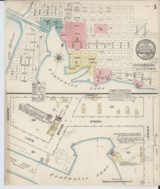 Sanborn Fire Insurance Map from Pentwater, Oceana County, Michigan (1883), Sheet #0001 - Historic Sanborn Fire Insurance Map Print, vintage old map wall art, antique decor, genealogy gift, Michigan Michigan map
