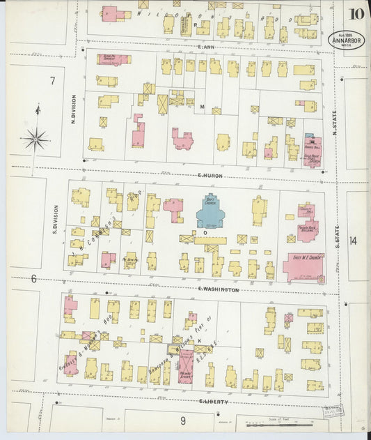 Sanborn Fire Insurance Map from Ann Arbor, Washtenaw County, Michigan (1899), Sheet #0010 - Historic Sanborn Fire Insurance Map Print, vintage old map wall art, antique decor, genealogy gift, Michigan Michigan map