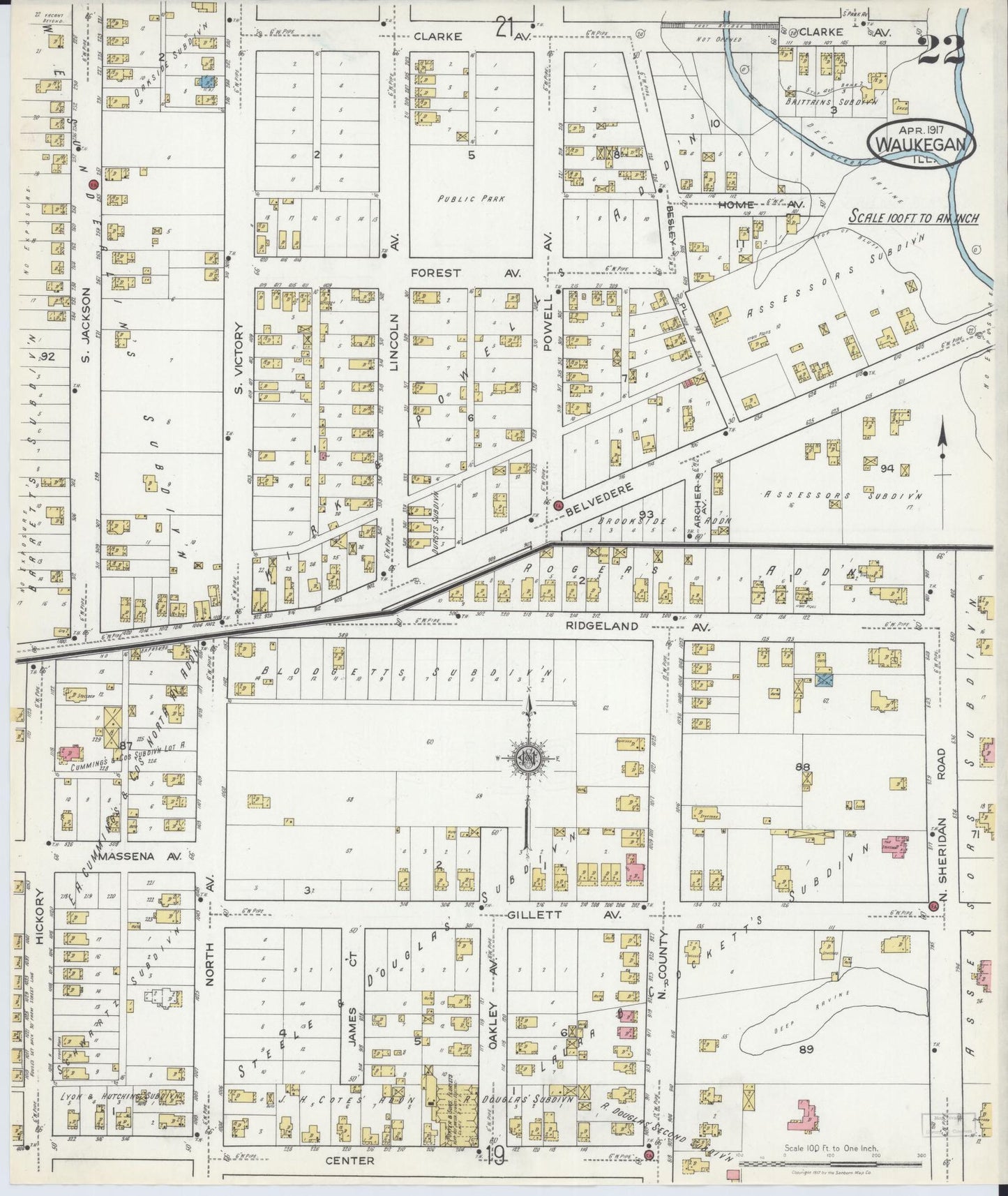 Sanborn Fire Insurance Map from Waukegan, Lake County, Illinois (1917), Sheet #0022 - Complete Map Set gallery image, historic Sanborn map, vintage wall art, Illinois Illinois