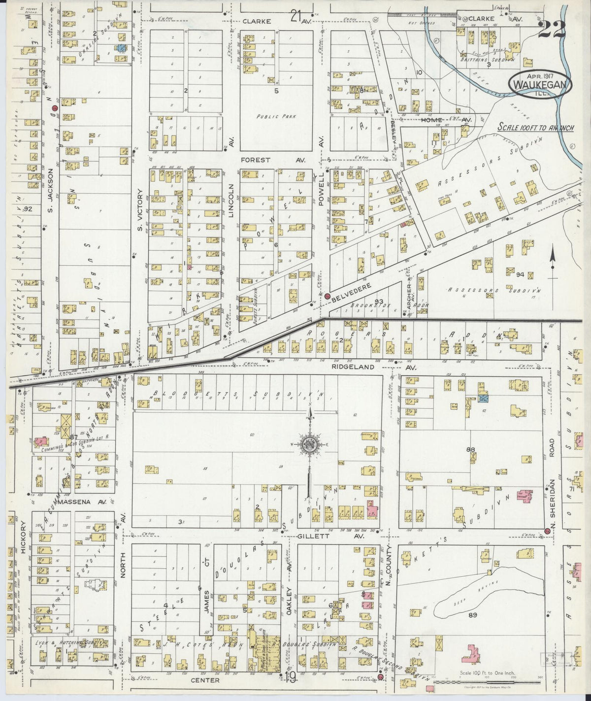 Sanborn Fire Insurance Map from Waukegan, Lake County, Illinois (1917), Sheet #0022 - Complete Map Set gallery image, historic Sanborn map, vintage wall art, Illinois Illinois