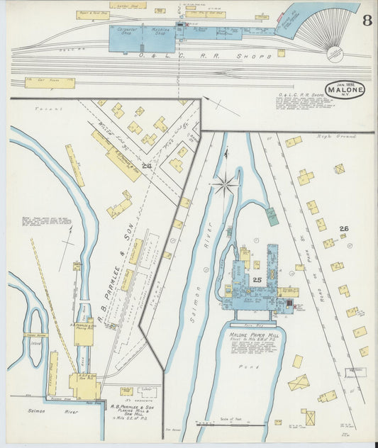 Sanborn Fire Insurance Map from Malone, Franklin County, New York (1892), Sheet #0008 - Historic Sanborn Fire Insurance Map Print, vintage old map wall art, antique decor, genealogy gift, New York New York map
