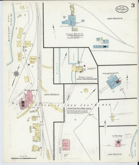Sanborn Fire Insurance Map from Republic, Marquette County, Michigan (1912), Sheet #0003 - Historic Sanborn Fire Insurance Map Print, vintage old map wall art, antique decor, genealogy gift, Michigan Michigan map