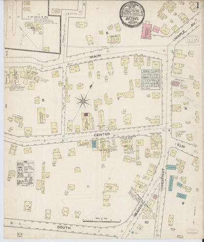 Sanborn Fire Insurance Map from Bethel, Fairfield County, Connecticut (1884), Sheet #0001 - Complete Map Set gallery image, historic Sanborn map, vintage wall art, Connecticut Connecticut