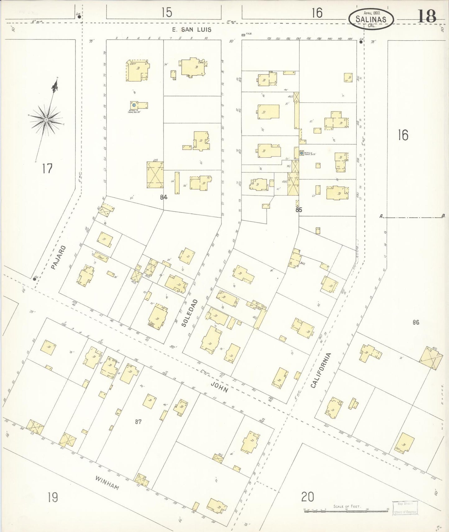 Sanborn Fire Insurance Map from Salinas, Monterey County, California (1900), Sheet #0018 - Complete Map Set gallery image, historic Sanborn map, vintage wall art, California California