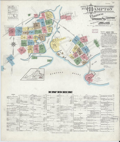 Sanborn Fire Insurance Map from Hampton, Independent Cities, Virginia (1916), Sheet #0001 - Complete Map Set gallery image, historic Sanborn map, vintage wall art, Virginia Virginia