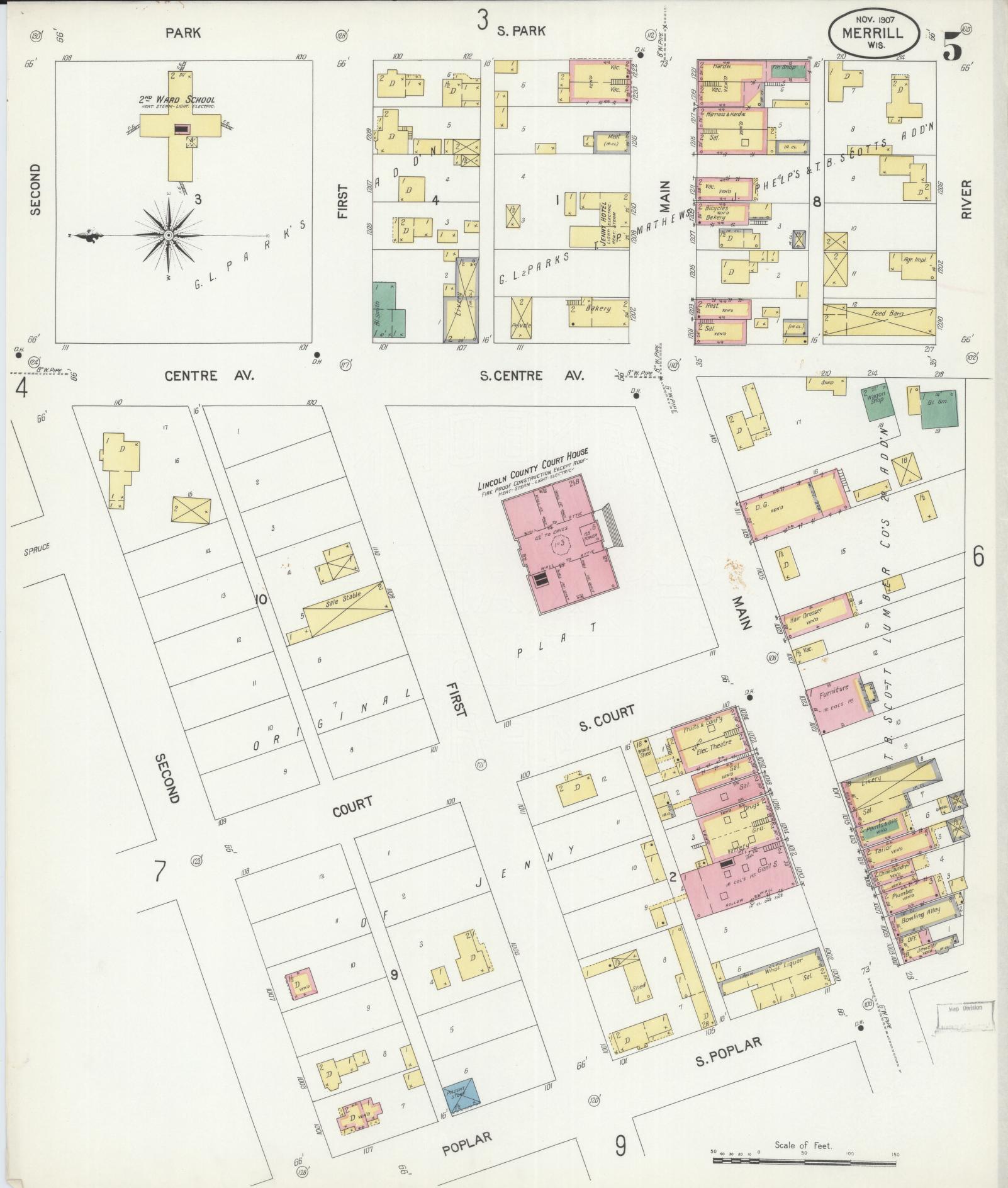 Sanborn Fire Insurance Map from Merrill, Lincoln County, Wisconsin (1907), Sheet #0005 - Complete Map Set gallery image, historic Sanborn map, vintage wall art, Wisconsin Wisconsin