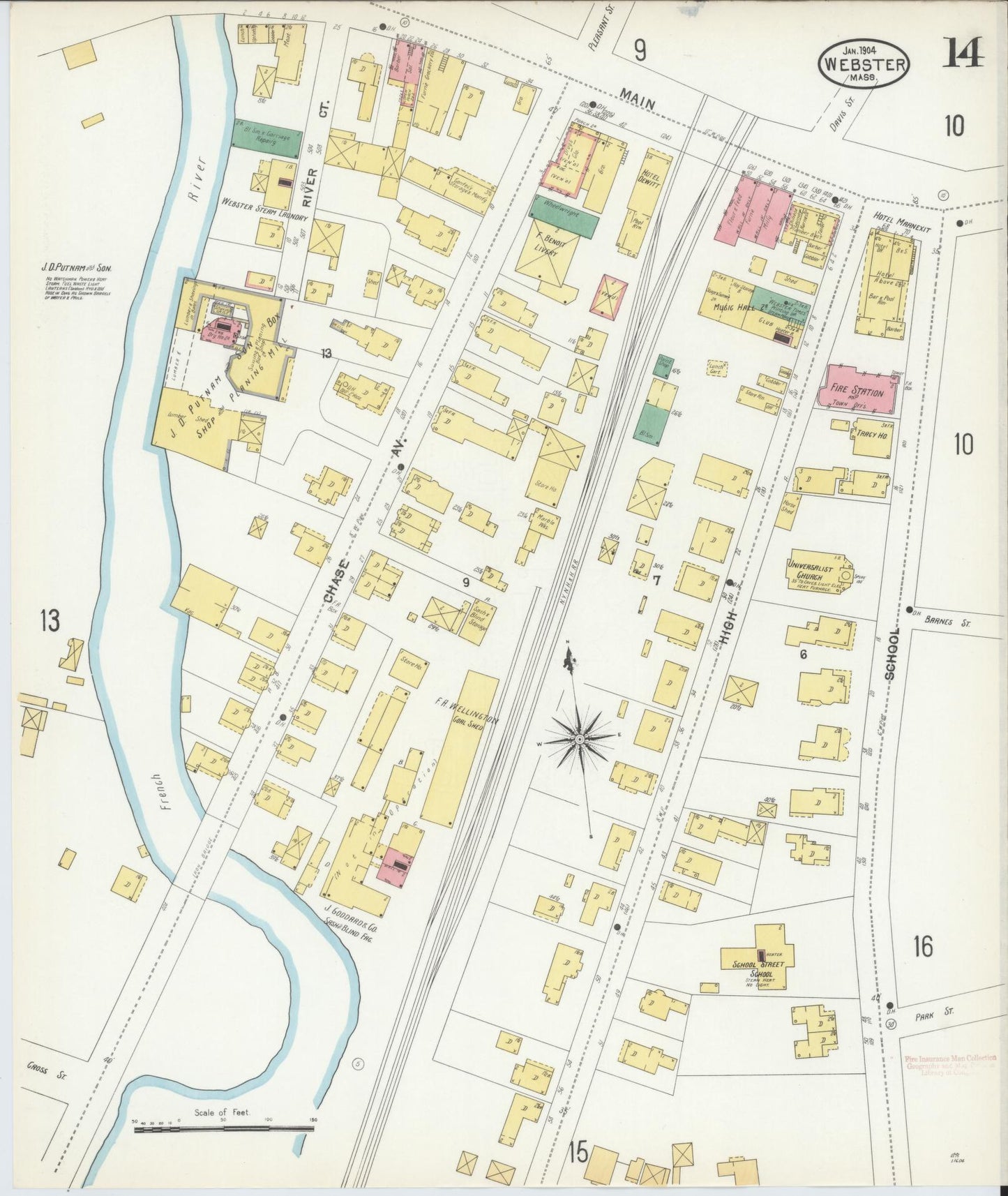 Sanborn Fire Insurance Map from Webster, Worcester County, Massachusetts (1904), Sheet #0014 - Complete Map Set gallery image, historic Sanborn map, vintage wall art, Massachusetts Massachusetts