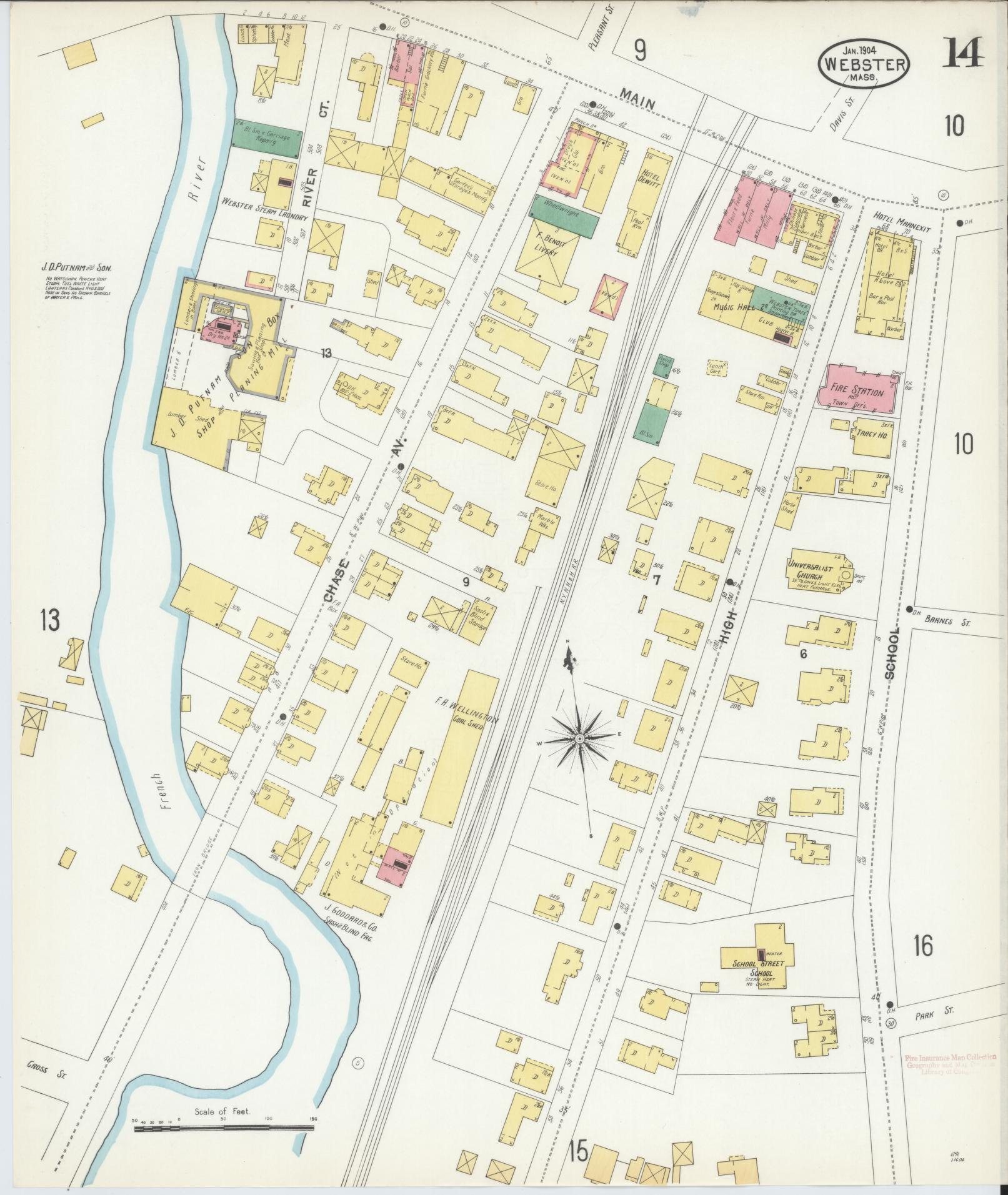 Sanborn Fire Insurance Map from Webster, Worcester County, Massachusetts (1904), Sheet #0014 - Complete Map Set gallery image, historic Sanborn map, vintage wall art, Massachusetts Massachusetts