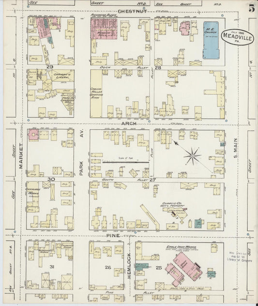 Sanborn Fire Insurance Map from Meadville, Crawford County, Pennsylvania (1886), Sheet #0005 - Historic Sanborn Fire Insurance Map Print, vintage old map wall art, antique decor, genealogy gift, Pennsylvania Pennsylvania map