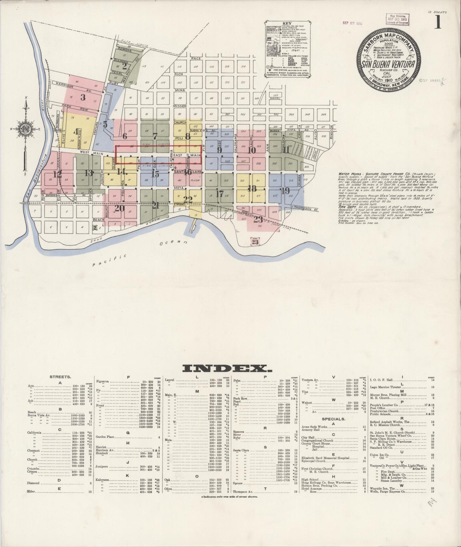 Sanborn Fire Insurance Map from San Buenaventura, Ventura County, California (1910), Sheet #0001 - Complete Map Set gallery image, historic Sanborn map, vintage wall art, California California