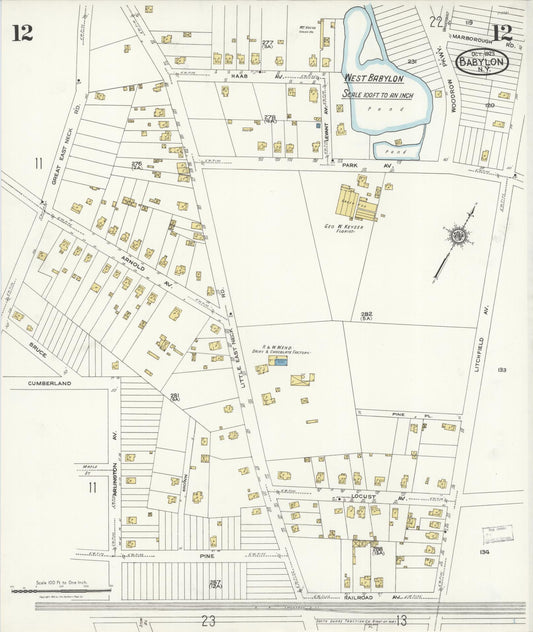 Sanborn Fire Insurance Map from Babylon, Suffolk County, New York (1923), Sheet #0012 - Historic Sanborn Fire Insurance Map Print, vintage old map wall art, antique decor, genealogy gift, New York New York map