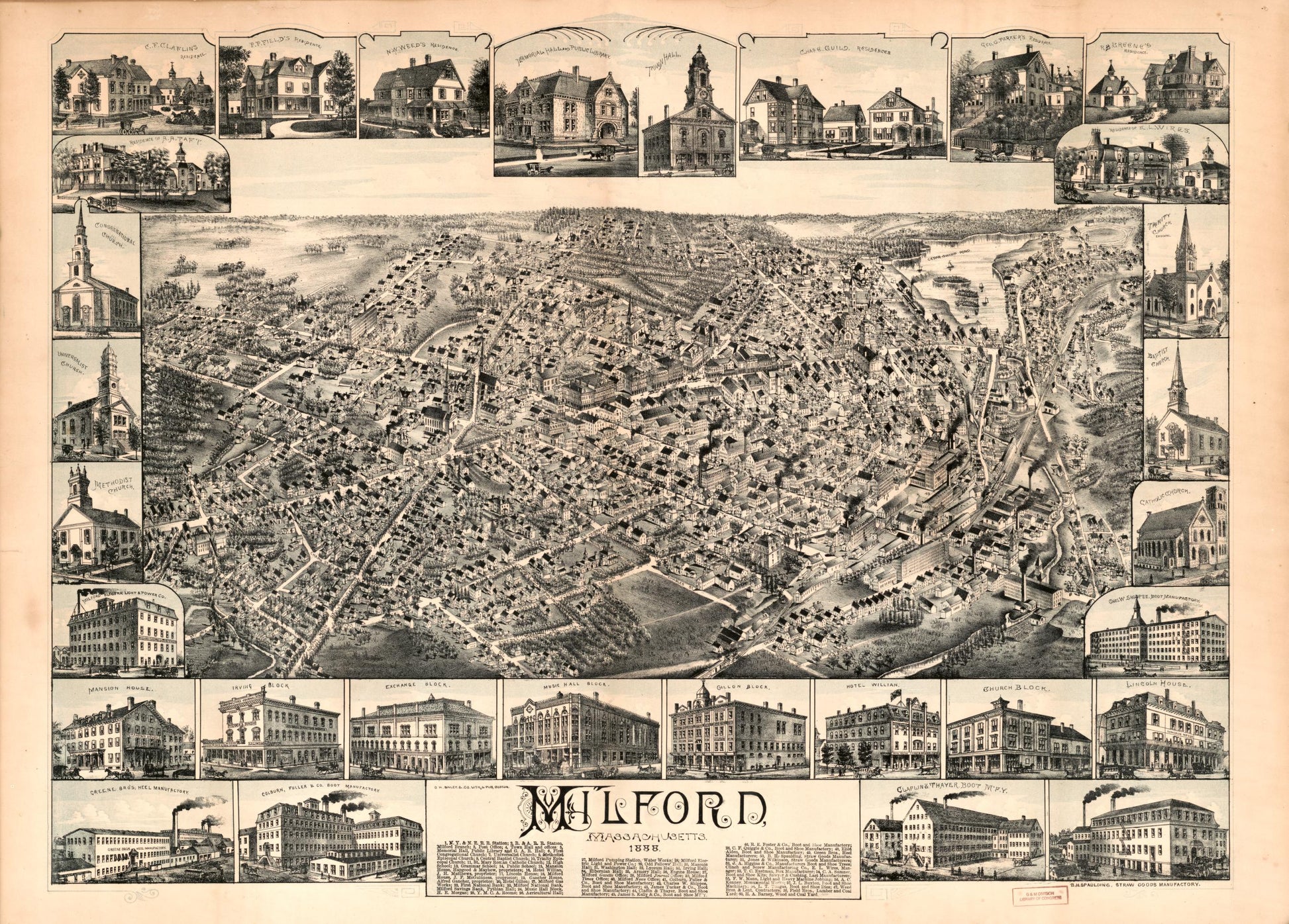 Milford, Massachusetts, 1888. (1888) – Historic Bird’s-Eye View Panorama Print