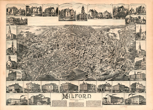 Milford, Massachusetts, 1888. (1888) – Historic Bird’s-Eye View Panorama Print