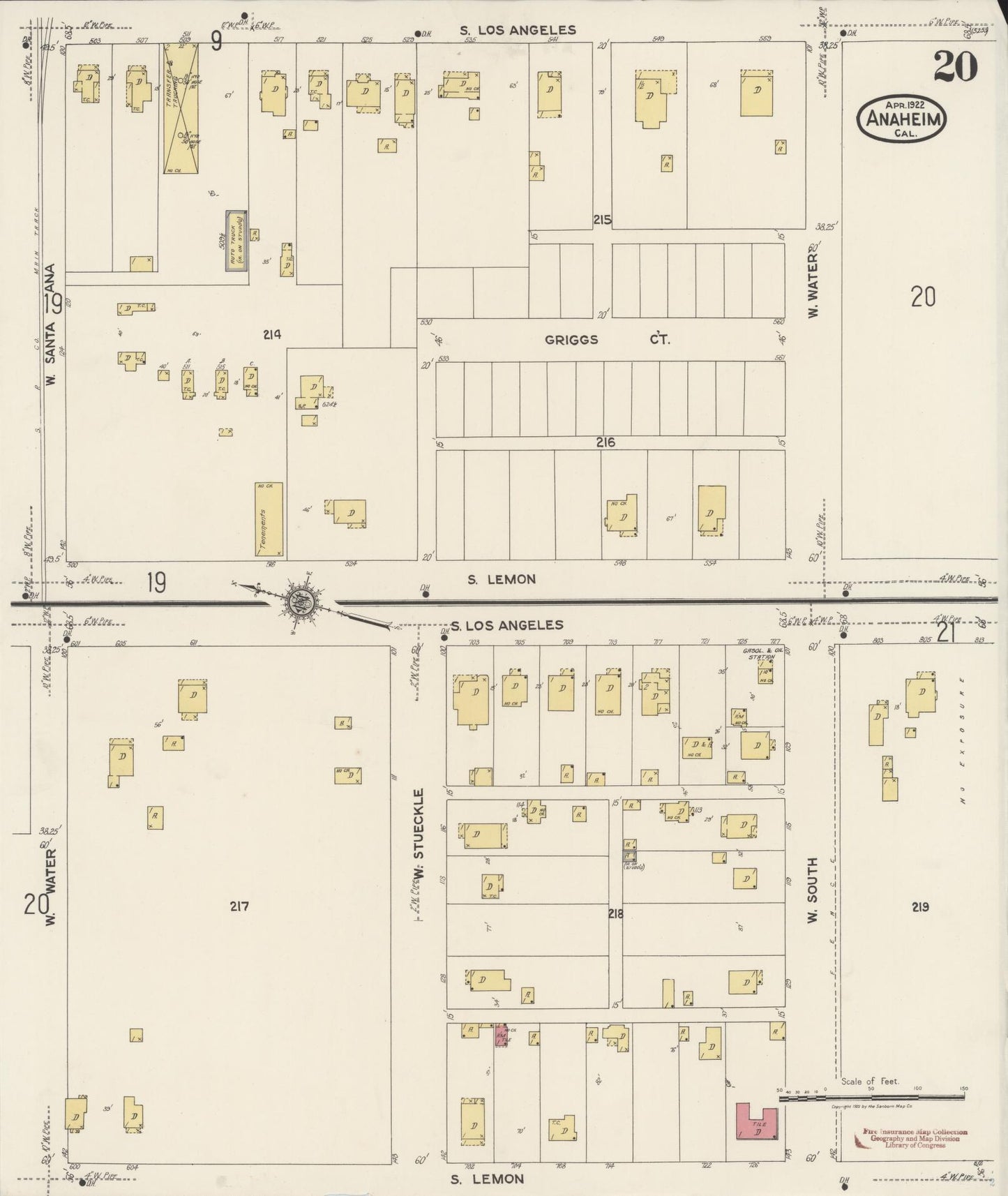 Sanborn Fire Insurance Map from Anaheim, Orange County, California (1922), Sheet #0020 - Historic Sanborn Fire Insurance Map Print, vintage old map wall art, antique decor, genealogy gift, California California map