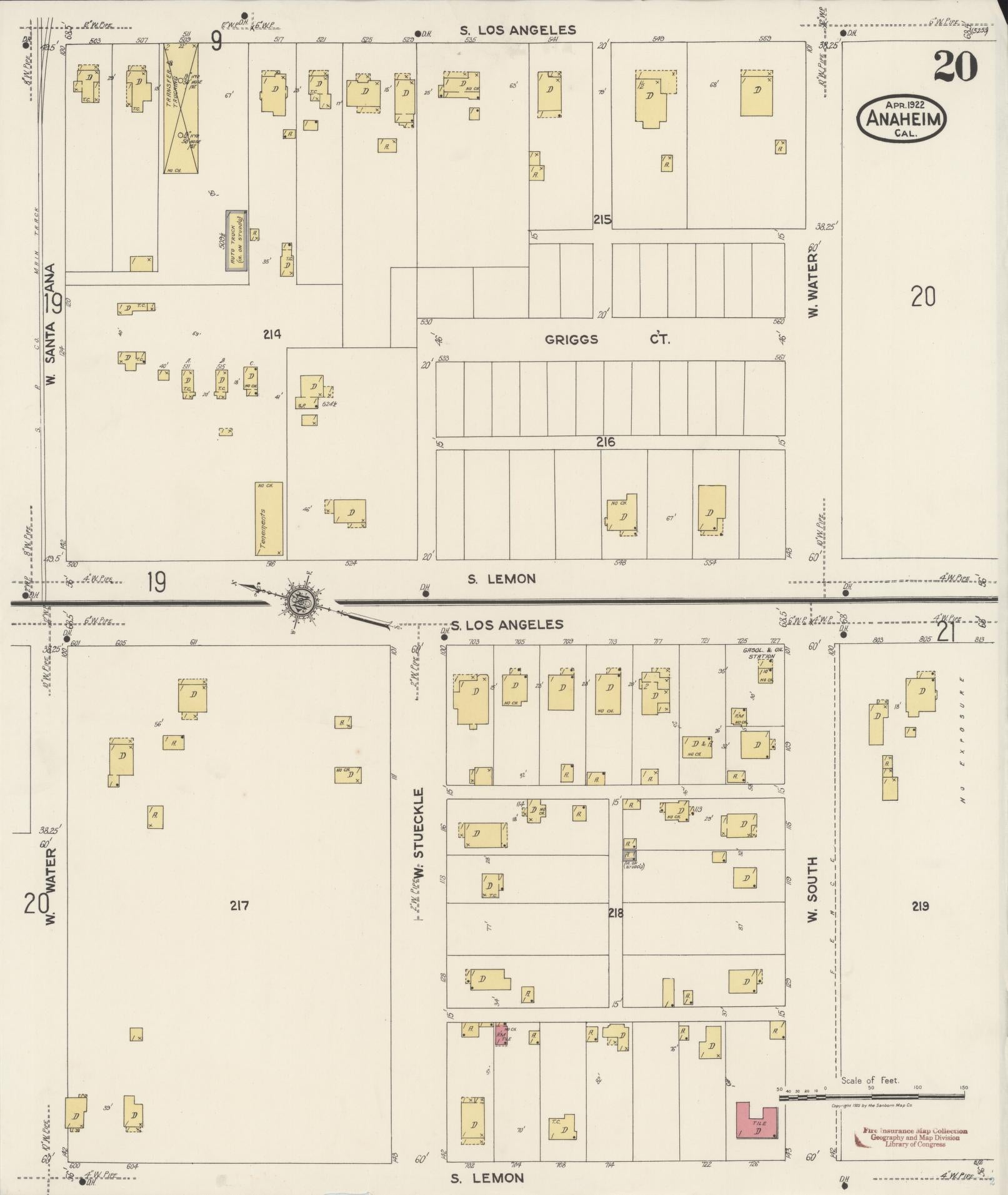 Sanborn Fire Insurance Map from Anaheim, Orange County, California (1922), Sheet #0020 - Historic Sanborn Fire Insurance Map Print, vintage old map wall art, antique decor, genealogy gift, California California map