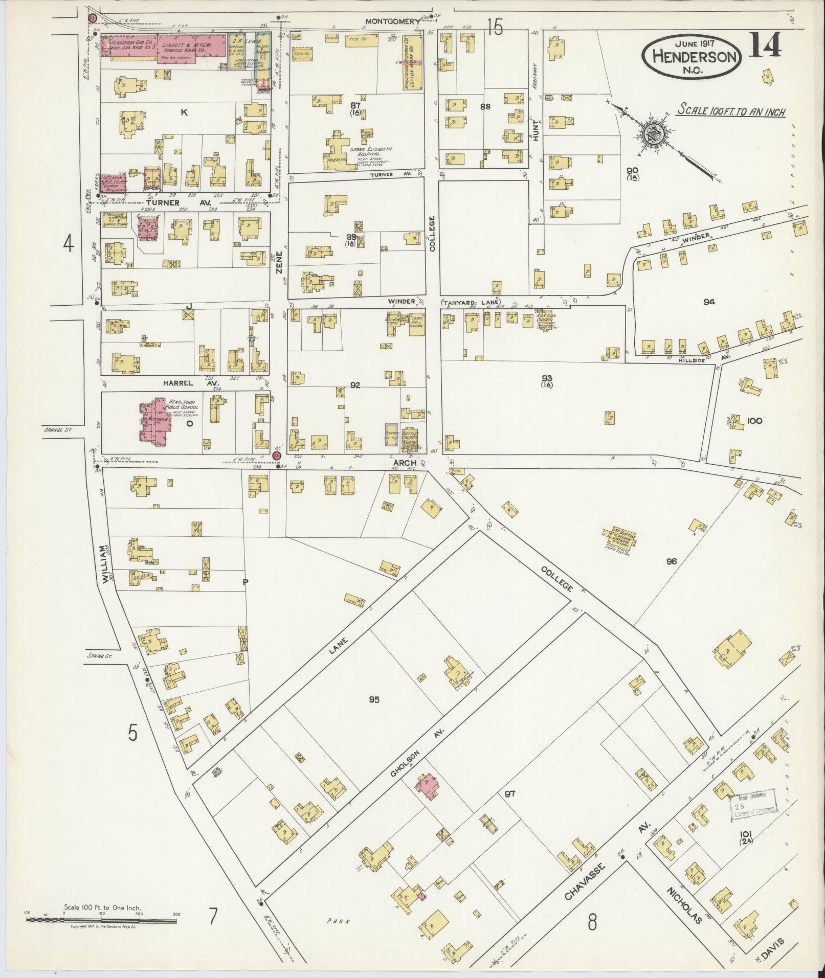 Sanborn Fire Insurance Map from Henderson, Vance County, North Carolina (1917), Sheet #0014 - Complete Map Set gallery image, historic Sanborn map, vintage wall art, North Carolina North Carolina