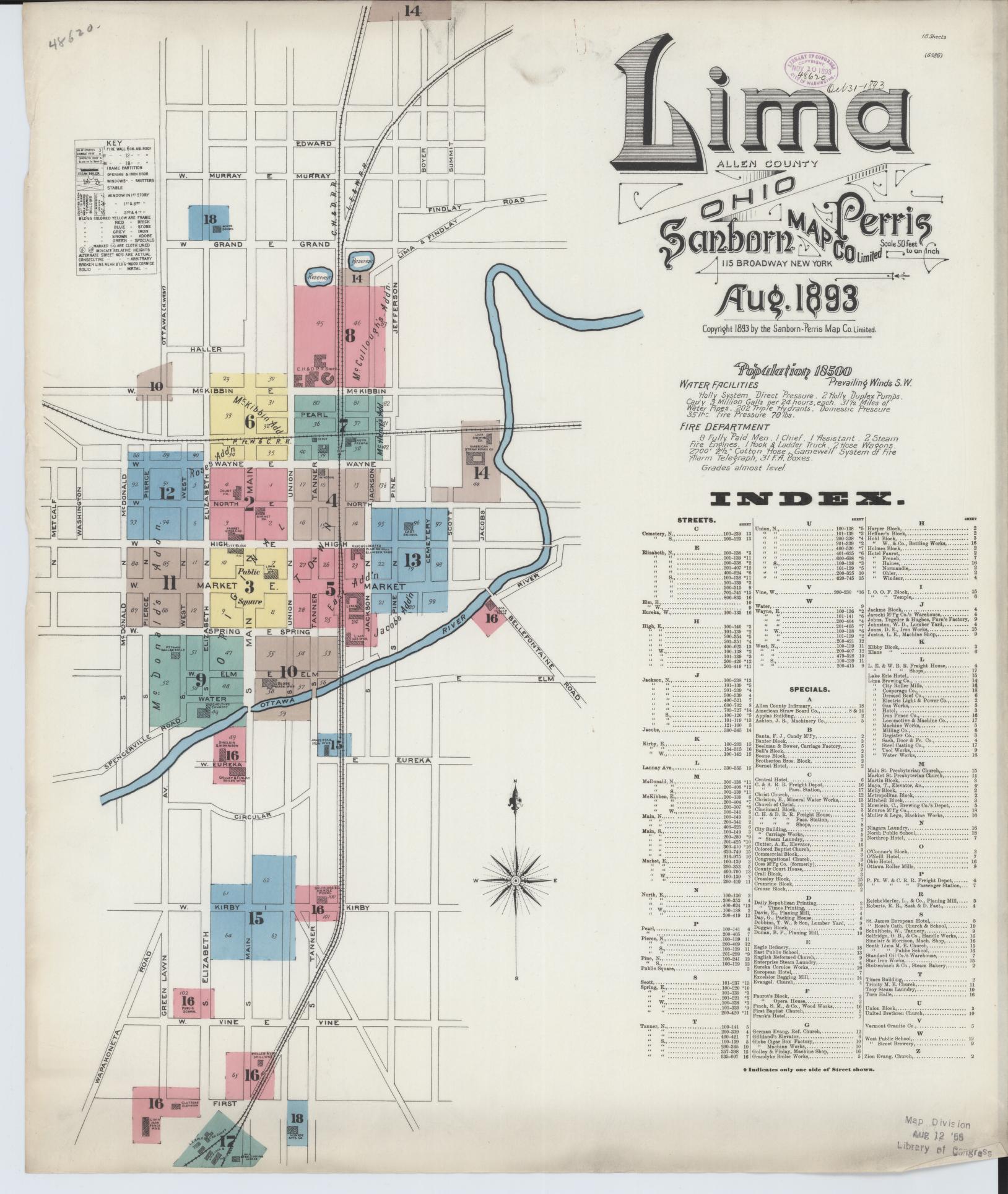 Sanborn Fire Insurance Map from Lima, Allen County, Ohio (1893), Sheet #0001 - Historic Sanborn Fire Insurance Map Print, vintage old map wall art, antique decor, genealogy gift, Ohio Ohio map