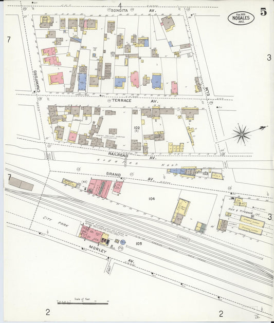Sanborn Fire Insurance Map from Nogales, Santa Cruz County, Arizona (1909), Sheet #0005 - Historic Sanborn Fire Insurance Map Print, vintage old map wall art, antique decor, genealogy gift, Arizona Arizona map