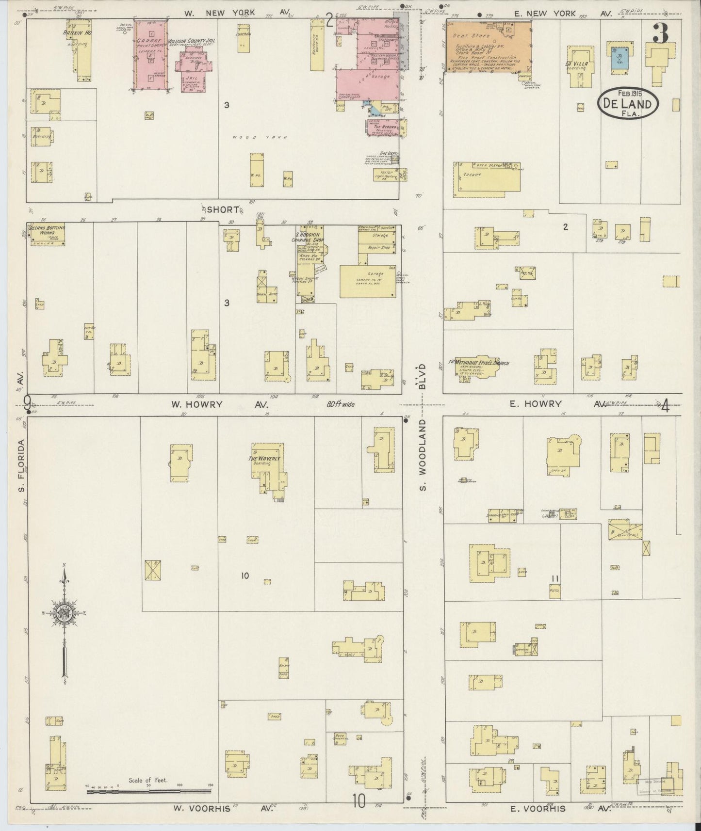Sanborn Fire Insurance Map from De Land, Volusia County, Florida (1915), Sheet #0003 - Historic Sanborn Fire Insurance Map Print, vintage old map wall art, antique decor, genealogy gift, Florida Florida map