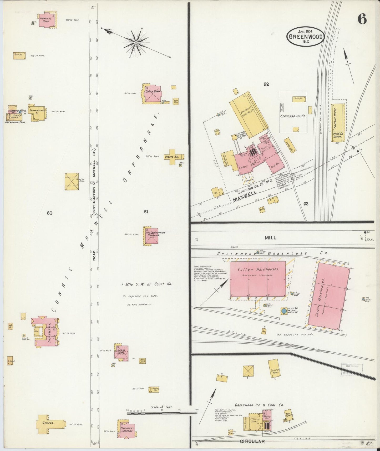 Sanborn Fire Insurance Map from Greenwood, Greenwood County, South Carolina (1904), Sheet #0006 - Complete Map Set gallery image, historic Sanborn map, vintage wall art, South Carolina South Carolina