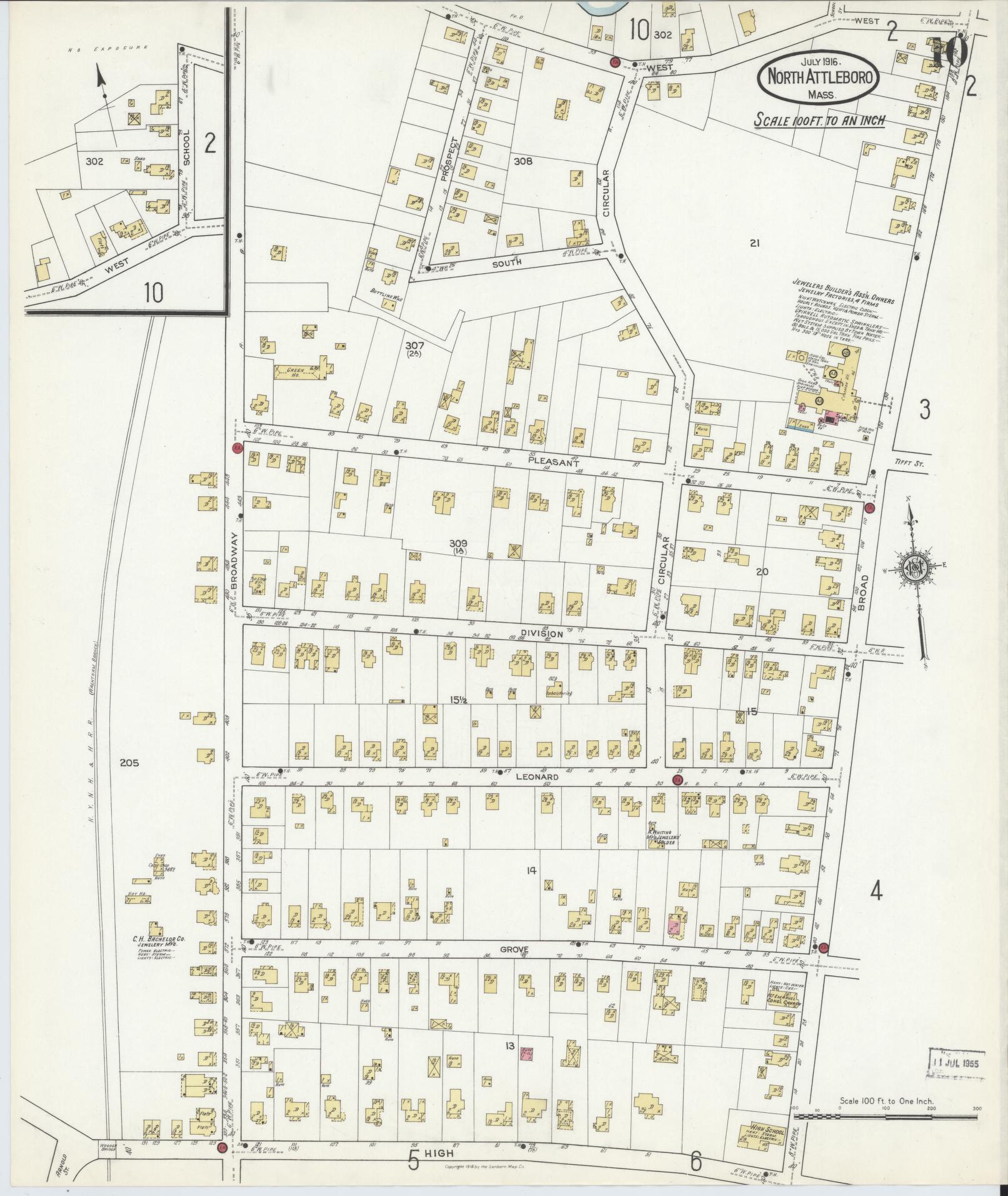 Sanborn Fire Insurance Map from North Attleborough, Bristol County, Massachusetts (1916), Sheet #0010 - Historic Sanborn Fire Insurance Map Print, vintage old map wall art, antique decor, genealogy gift, Massachusetts Massachusetts map