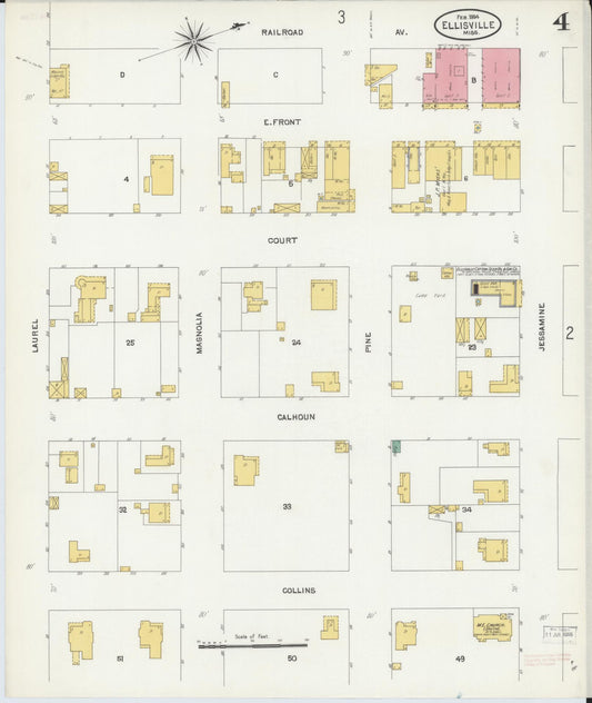 Sanborn Fire Insurance Map from Ellisville, Jones County, Mississippi (1904), Sheet #0004 - Historic Sanborn Fire Insurance Map Print, vintage old map wall art, antique decor, genealogy gift, Mississippi Mississippi map