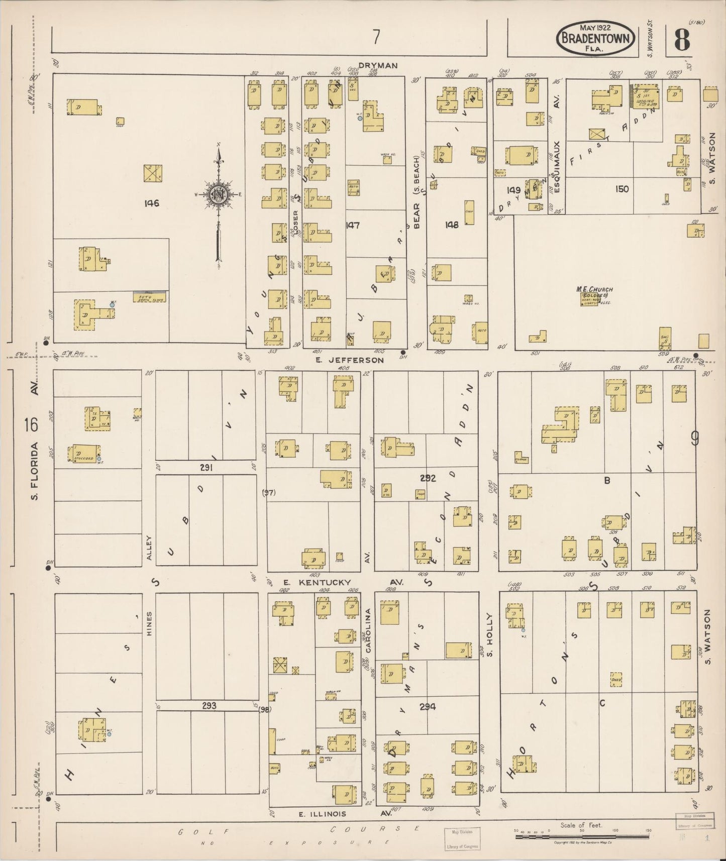 Sanborn Fire Insurance Map from Bradentown, Manatee County, Florida (1922), Sheet #0008 - Complete Map Set gallery image, historic Sanborn map, vintage wall art, Florida Florida