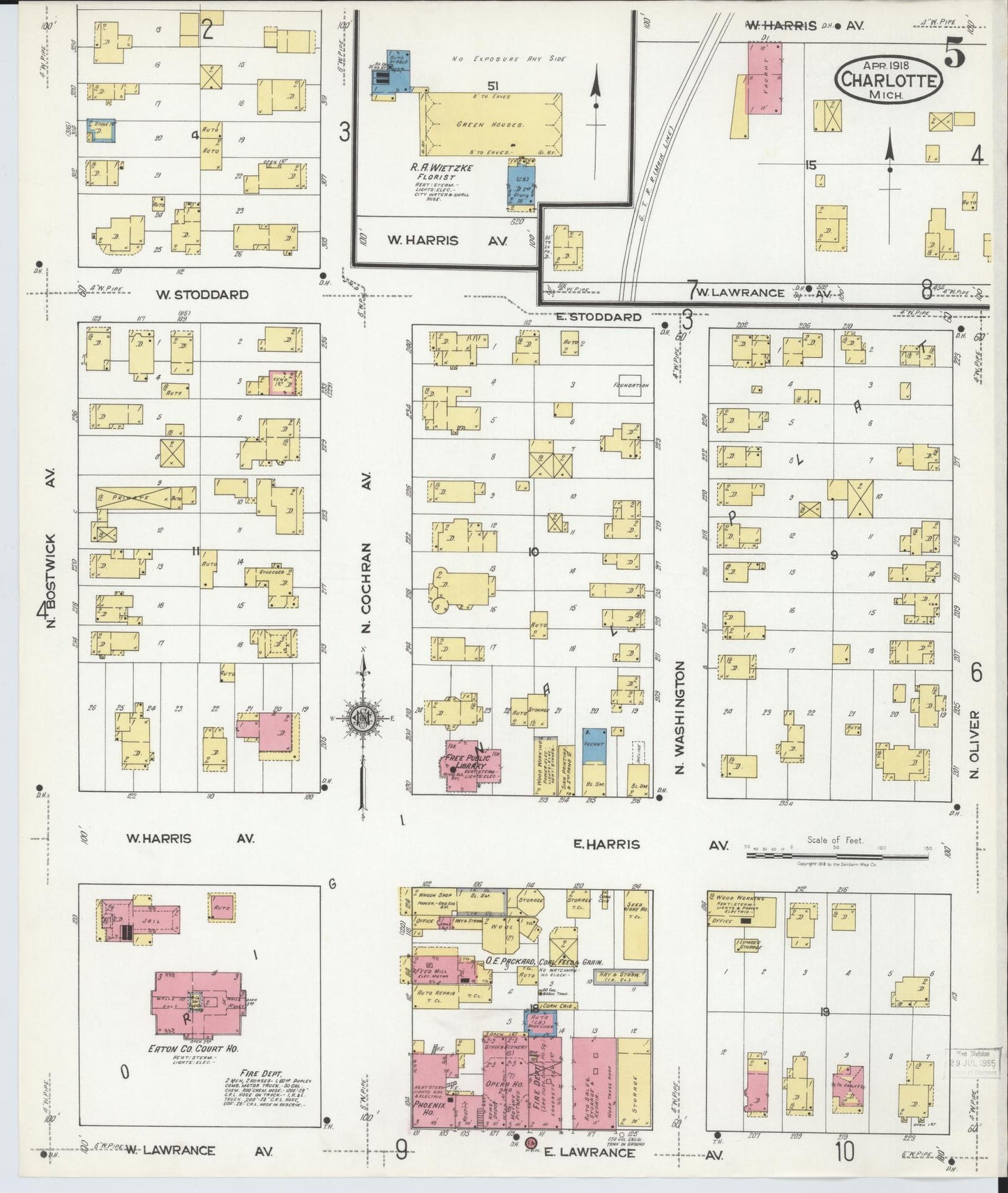 Sanborn Fire Insurance Map from Charlotte, Eaton County, Michigan (1918), Sheet #0005 - Historic Sanborn Fire Insurance Map Print, vintage old map wall art, antique decor, genealogy gift, Michigan Michigan map