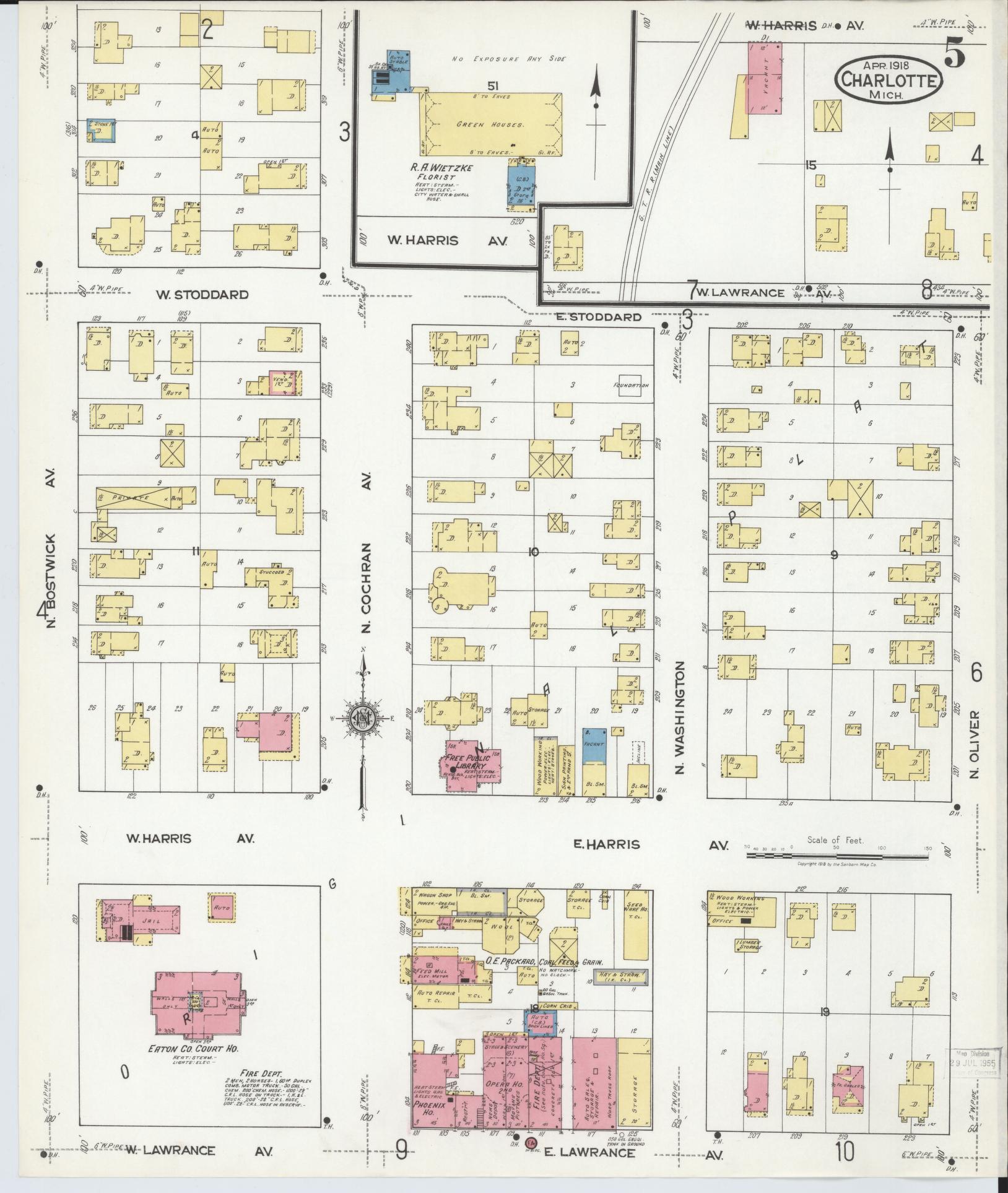 Sanborn Fire Insurance Map from Charlotte, Eaton County, Michigan (1918), Sheet #0005 - Historic Sanborn Fire Insurance Map Print, vintage old map wall art, antique decor, genealogy gift, Michigan Michigan map