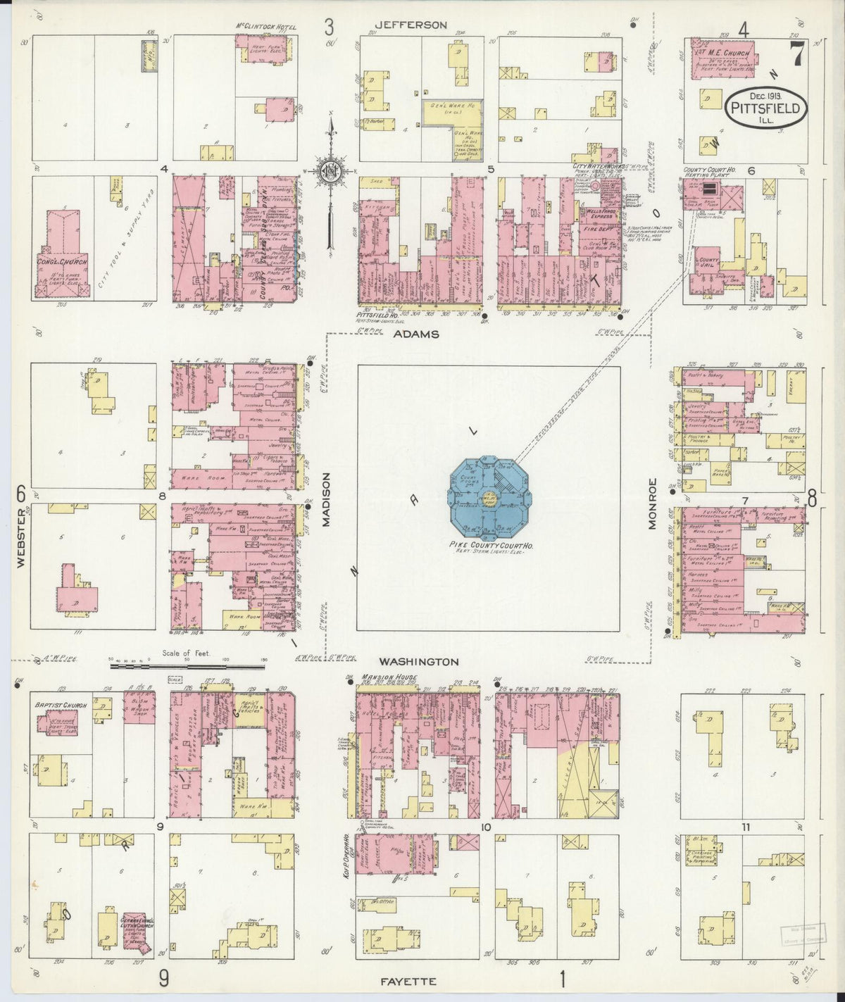 Sanborn Fire Insurance Map from Pittsfield, Pike County, Illinois (1913), Sheet #0007 - Historic Sanborn Fire Insurance Map Print, vintage old map wall art, antique decor, genealogy gift, Illinois Illinois map